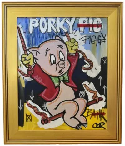 Porky Pig Fun Illustration Oil Painting - Gold