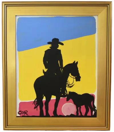 Cowboy & Horses Silhouette Oil Painting - Blue