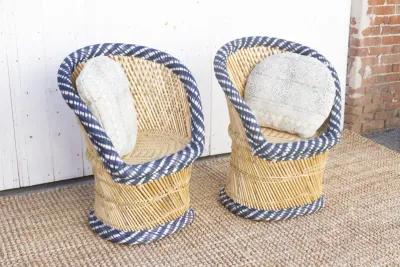 Pair of Blue & White Bamboo Chairs - Handcrafted