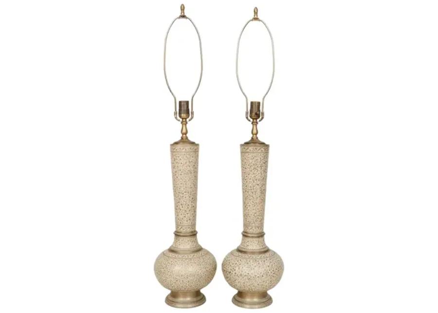 Moroccan Sgraffito Brass Lamps - a Pair - gold