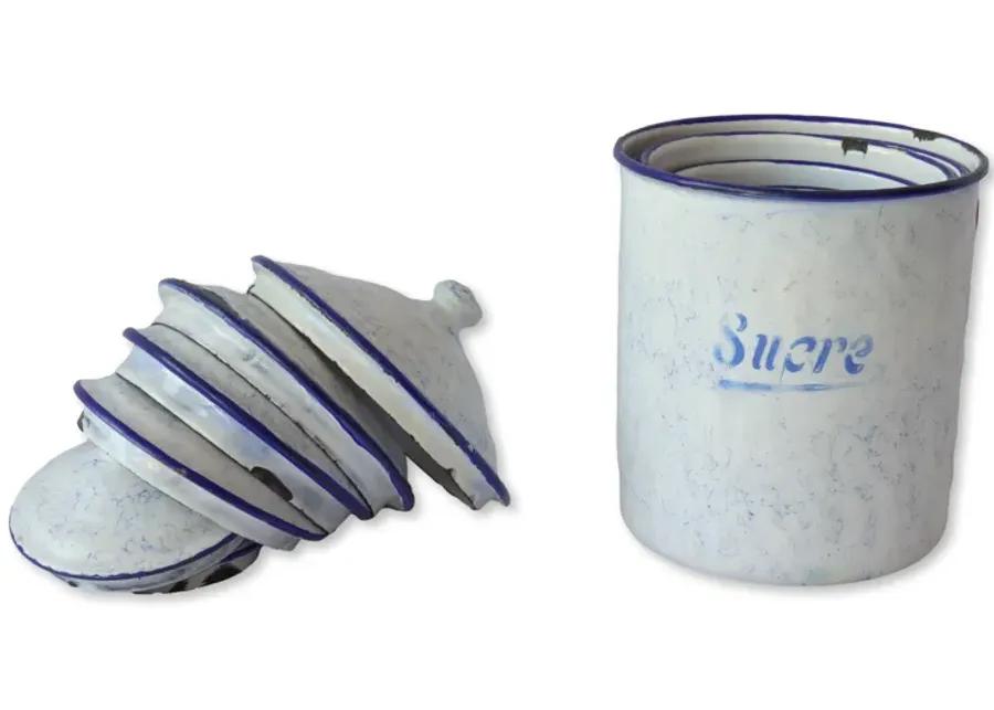 1920s French Enameled Kitchen Canisters - Blue