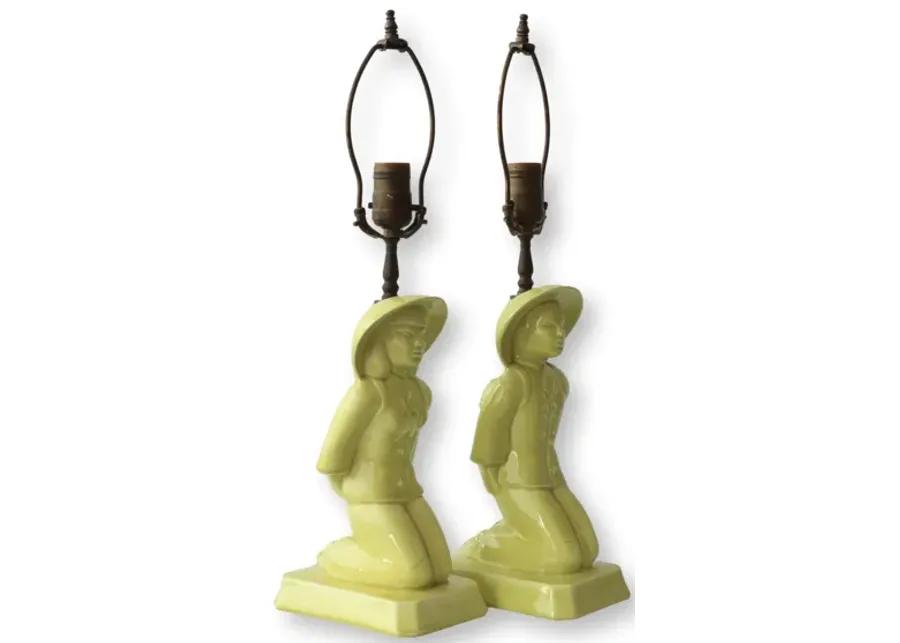 1950s Chinoiserie Man & Woman Lamps - Yellow