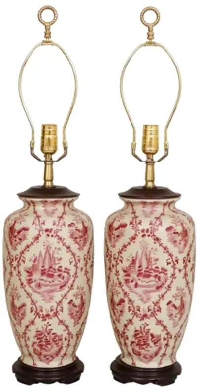 Delft Style Ceramic Table Lamps - a Pair - Red