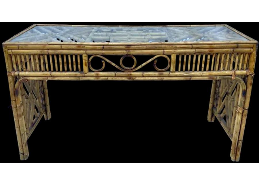 Chinoiserie Bamboo & Glass Console Table - brown