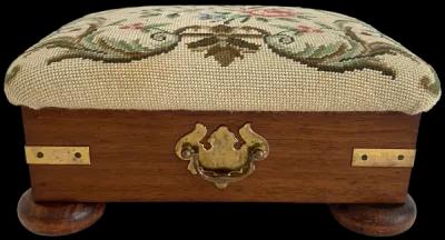 English Needlepoint/ Mahogany Foot Stool - Beige