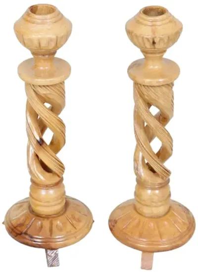 Olive Wood Spiral Candlesticks - a Pair - Brown