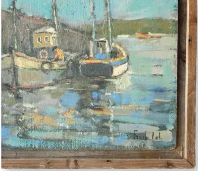 Midcentury Harbor Scene with Fishing Boats