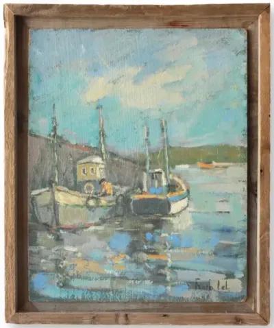 Midcentury Harbor Scene with Fishing Boats