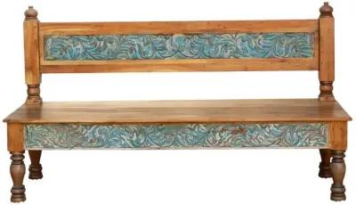 Reclaimed Wood Carved Aqua Beam Bench - Brown