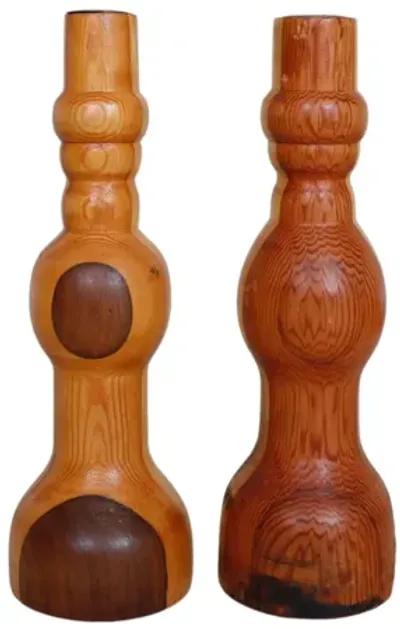 Rustic Pine Candlestick Holders - a Pair - Brown