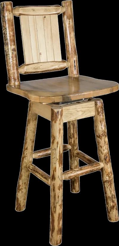 Rustic Pine Swivel Bar Stool with Laser Engraved Bronc - Glacier