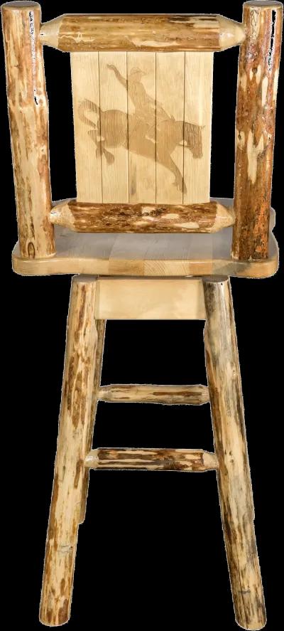 Rustic Pine Swivel Bar Stool with Laser Engraved Bronc - Glacier