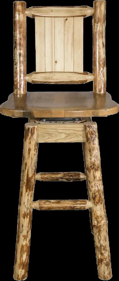 Rustic Pine Swivel Bar Stool with Laser Engraved Bronc - Glacier