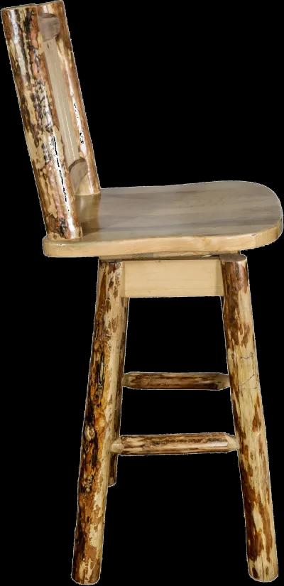 Rustic Pine Swivel Bar Stool with Laser Engraved Bronc - Glacier