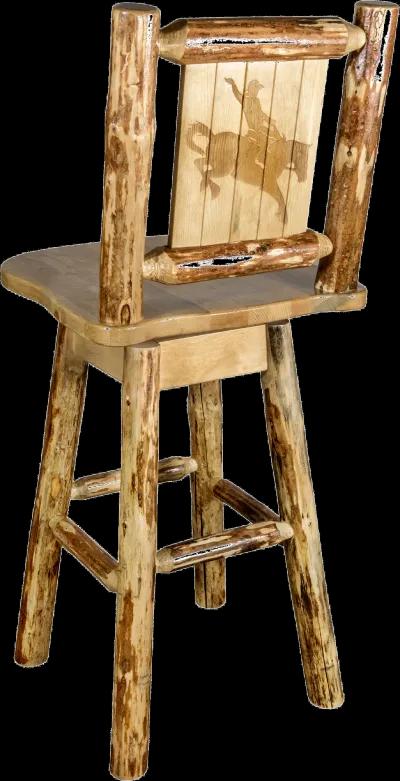 Rustic Pine Swivel Bar Stool with Laser Engraved Bronc - Glacier