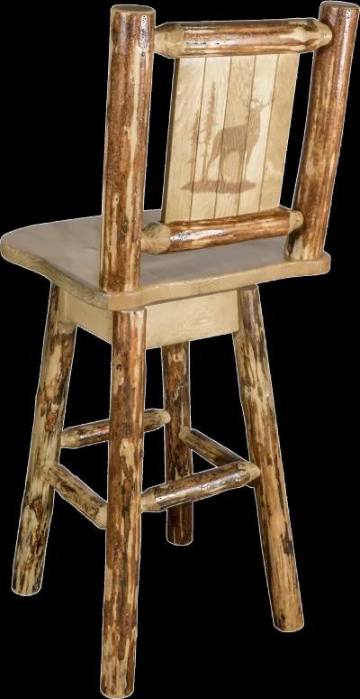 Rustic Pine Swivel Bar Stool with Laser Engraved Elk - Glacier