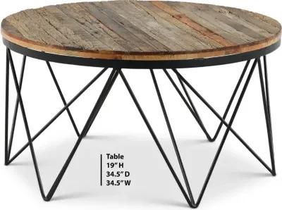 Aubrey Reclaimed Wood Round Coffee Table with Hairpin Metal Legs