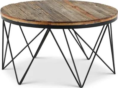 Aubrey Reclaimed Wood Round Coffee Table with Hairpin Metal Legs