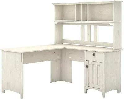 Salinas Antique White L Shaped Pedestal Desk with Hutch - Bush...