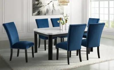 Valentino Marble 5 Piece Dining Set with Blue Velvet Chairs