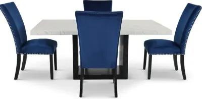 Valentino Marble 5 Piece Dining Set with Blue Velvet Chairs