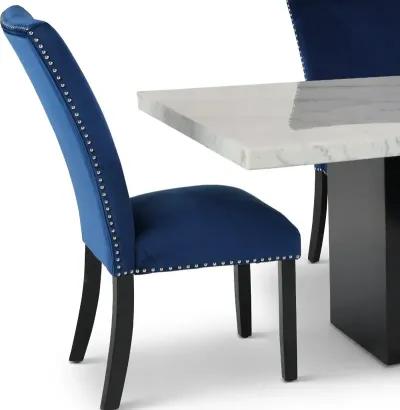 Valentino Marble 5 Piece Dining Set with Blue Velvet Chairs