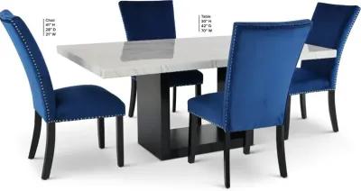 Valentino Marble 5 Piece Dining Set with Blue Velvet Chairs