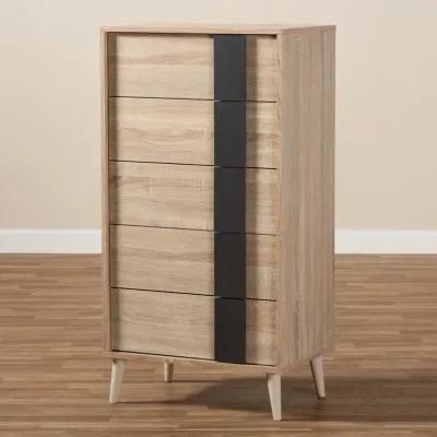 Modern Oak and Gray 5 Drawer Chest of Drawers - Silas