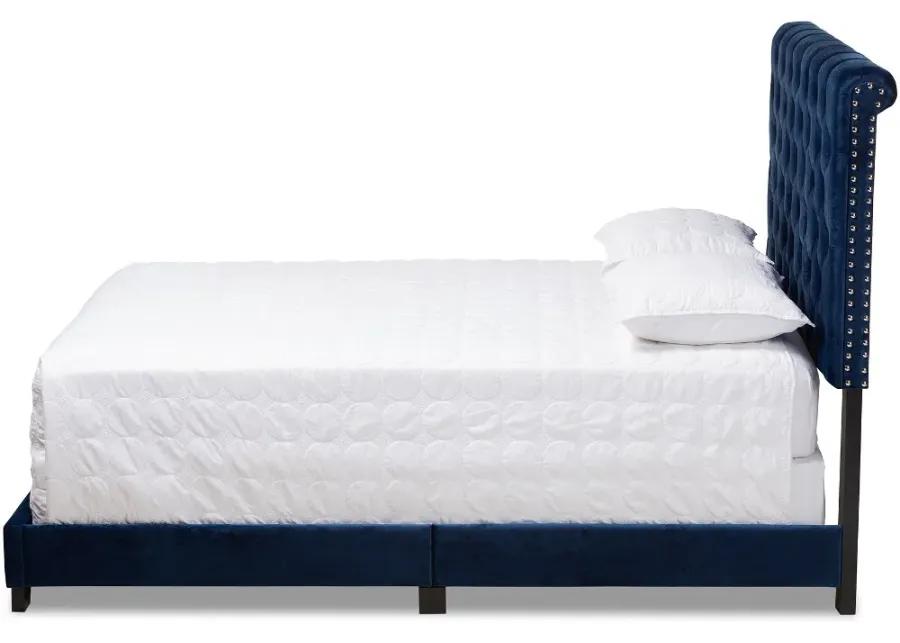 Glam Navy Blue Velvet Upholstered Queen Bed - Katelin