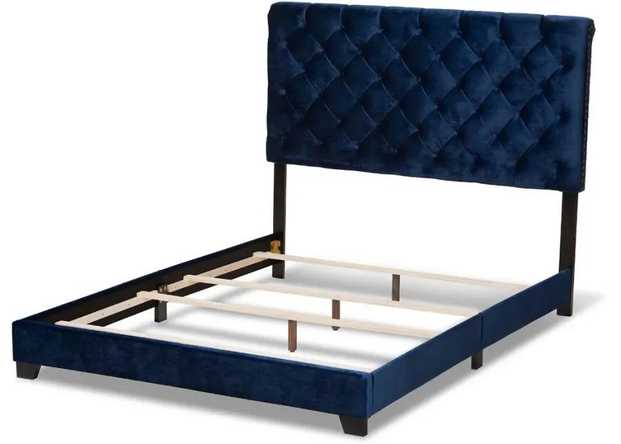 Glam Navy Blue Velvet Upholstered Queen Bed - Katelin