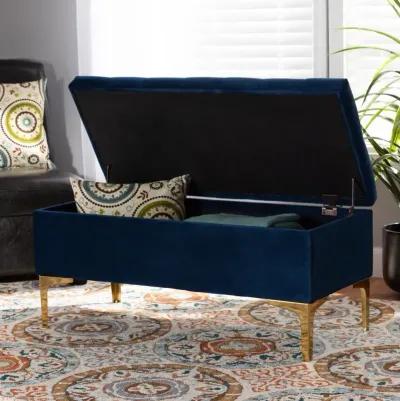 Glam Navy Blue Velvet Upholstered Storage Ottoman - Gorden