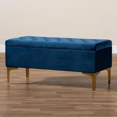 Glam Navy Blue Velvet Upholstered Storage Ottoman - Gorden