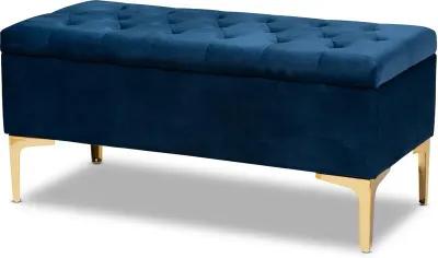 Glam Navy Blue Velvet Upholstered Storage Ottoman - Gorden