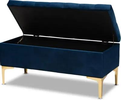 Glam Navy Blue Velvet Upholstered Storage Ottoman - Gorden