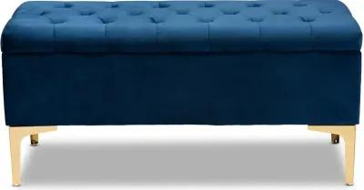 Glam Navy Blue Velvet Upholstered Storage Ottoman - Gorden