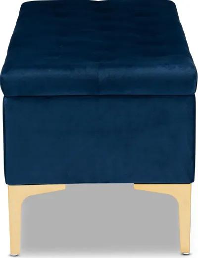 Glam Navy Blue Velvet Upholstered Storage Ottoman - Gorden