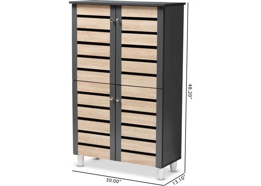 Modern Two Tone Oak and Dark Gray 4 Door Shoe Storage Cabinet - Thom