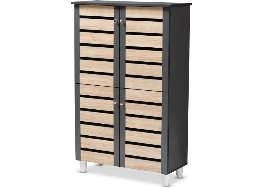 Modern Two Tone Oak and Dark Gray 4 Door Shoe Storage Cabinet - Thom