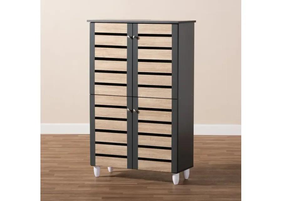 Modern Two Tone Oak and Dark Gray 4 Door Shoe Storage Cabinet - Thom