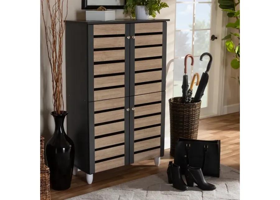 Modern Two Tone Oak and Dark Gray 4 Door Shoe Storage Cabinet - Thom