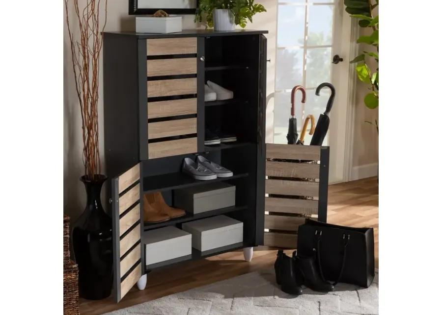 Modern Two Tone Oak and Dark Gray 4 Door Shoe Storage Cabinet - Thom