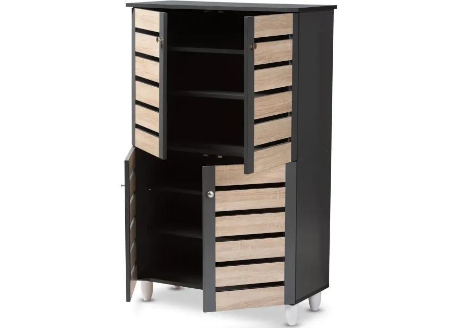 Modern Two Tone Oak and Dark Gray 4 Door Shoe Storage Cabinet - Thom