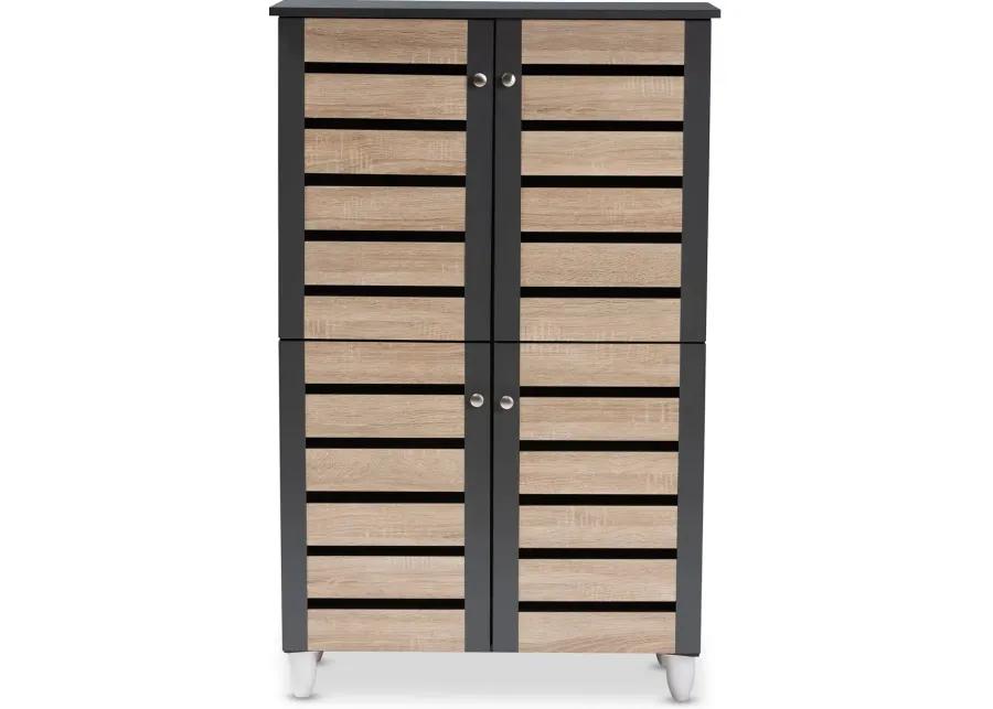 Modern Two Tone Oak and Dark Gray 4 Door Shoe Storage Cabinet - Thom