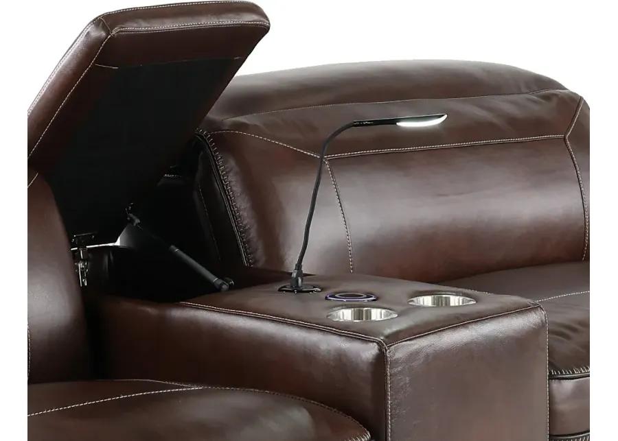 Spaces Brown Leather Power Reclining Sofa with Console