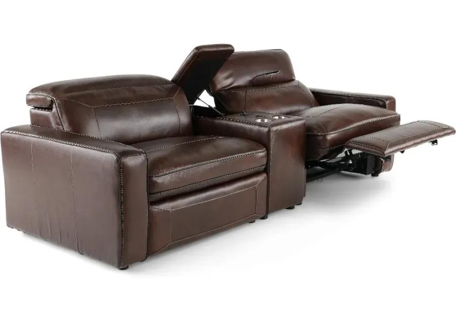 Spaces Brown Leather Power Reclining Sofa with Console