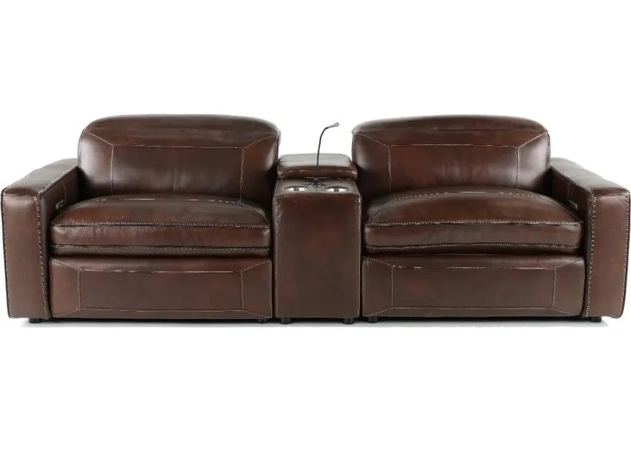 Spaces Brown Leather Power Reclining Sofa with Console