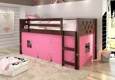 Boston Dark Brown Cappuccino Twin Loft Bed with Pink Tent