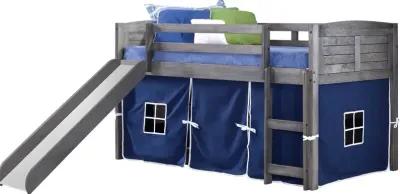 Louver Antique Gray Twin Loft Bed with Blue Tent and Slide