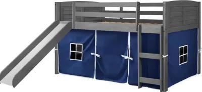 Louver Antique Gray Twin Loft Bed with Blue Tent and Slide