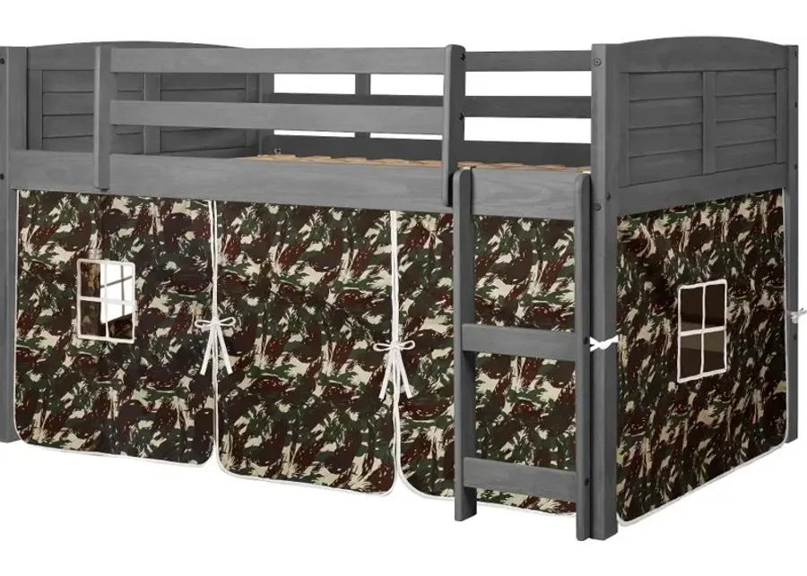 Louver Antique Gray Twin Loft Bed with Camo Tent